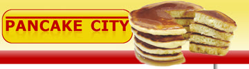 Pancake City logo: red block letters on a yellow gradient beside a stack of pancakes